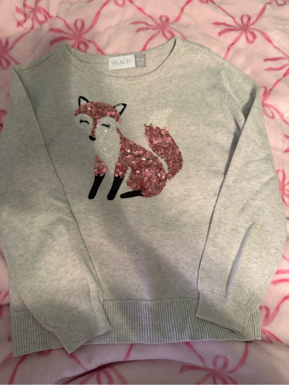 Place Light Gray Crewneck Sweater with Pink Sequin Fox